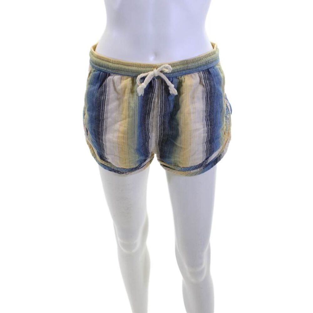 Warm Unisex Blue Striped Cotton Drawstring Beach Shorts Size S
